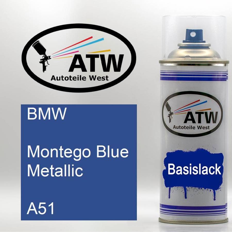 BMW, Montego Blue Metallic, A51: 400ml Sprühdose, von ATW Autoteile West.